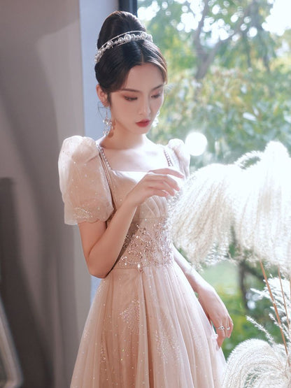 Gown Sequined Designs) Lace-Up Evening Back A-Line Puff-Sleeve (Various