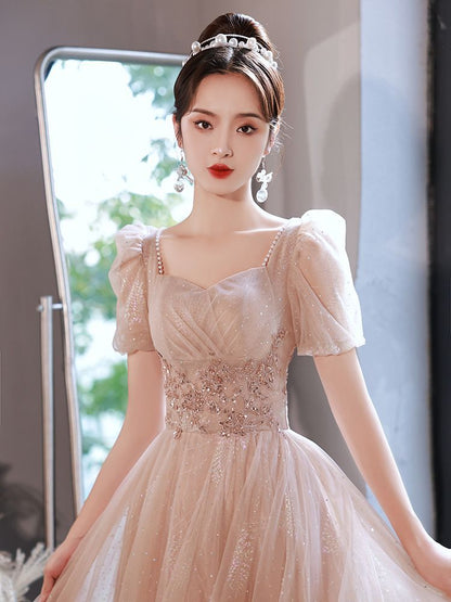 Gown Sequined Designs) Lace-Up Evening Back A-Line Puff-Sleeve (Various