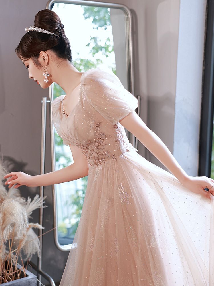 Gown Sequined Designs) Lace-Up Evening Back A-Line Puff-Sleeve (Various