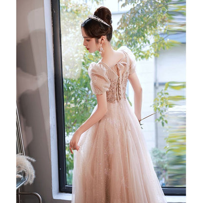 Gown Sequined Designs) Lace-Up Evening Back A-Line Puff-Sleeve (Various
