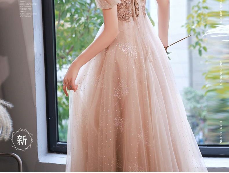 Gown Sequined Designs) Lace-Up Evening Back A-Line Puff-Sleeve (Various