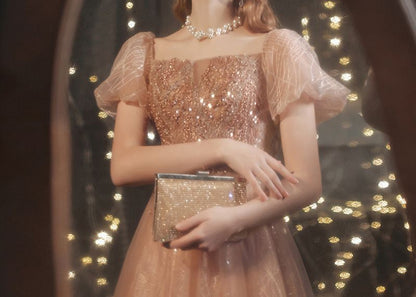 Gown Evening Sequined Puff-Sleeve A-Line
