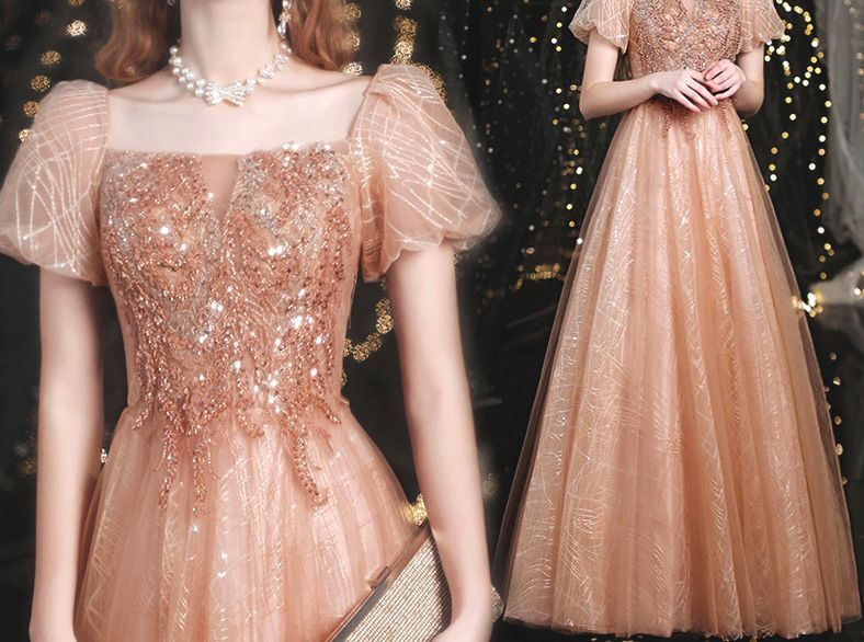 Gown Evening Sequined Puff-Sleeve A-Line