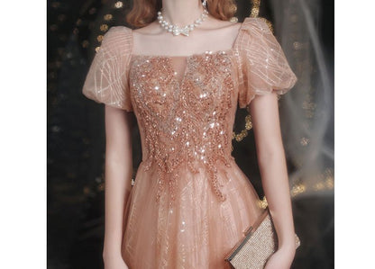 Gown Evening Sequined Puff-Sleeve A-Line