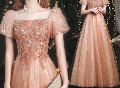 Gown Evening Sequined Puff-Sleeve A-Line