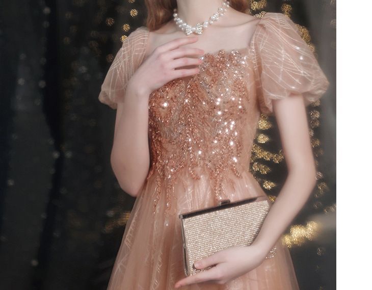 Gown Evening Sequined Puff-Sleeve A-Line