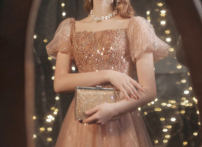 Gown Evening Sequined Puff-Sleeve A-Line