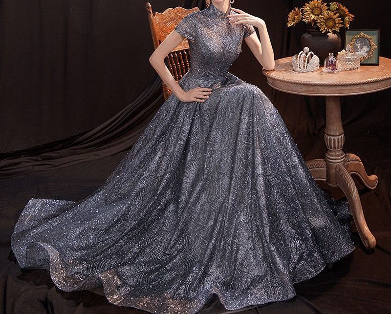 Evening A-Line Gown Glitter Short-Sleeve