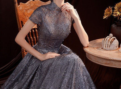 Evening A-Line Gown Glitter Short-Sleeve