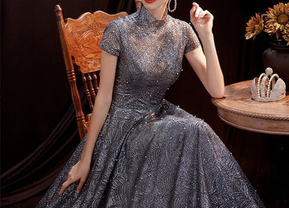 Evening A-Line Gown Glitter Short-Sleeve