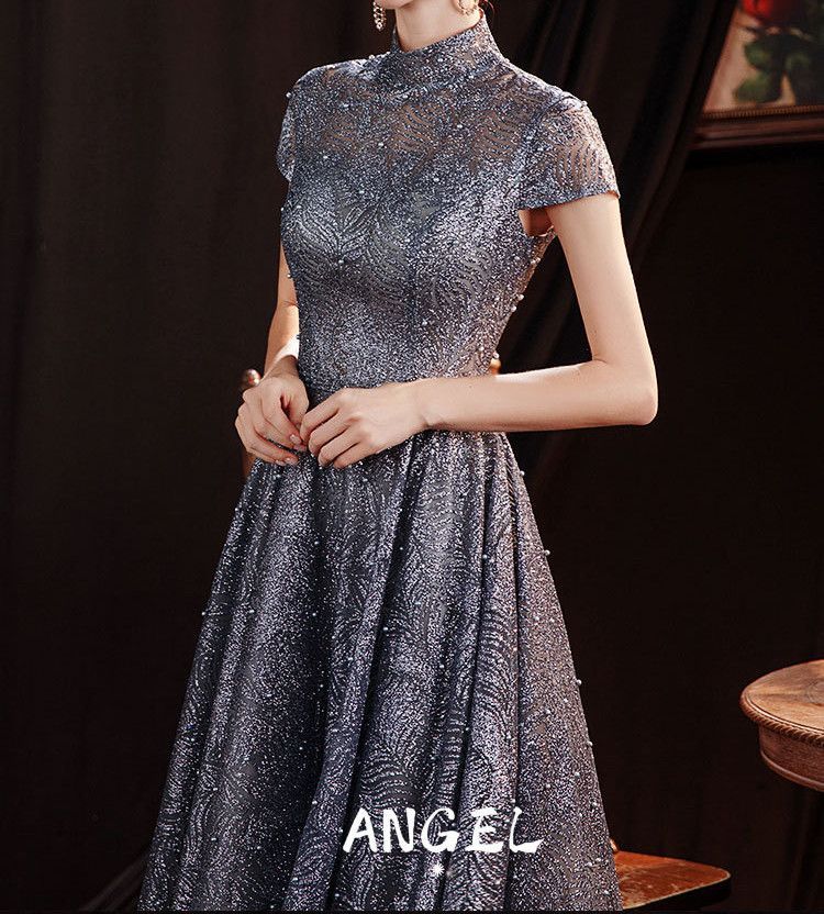 Evening A-Line Gown Glitter Short-Sleeve