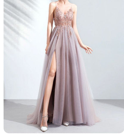 Evening Floral Gown A-Line Spaghetti Strap Embroidered