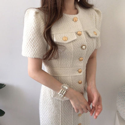 Short-Sleeve Button-Up Tweed Mini Sheath Dress