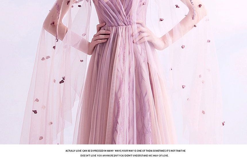 Gown Mesh Evening A-Line Cape-Sleeve