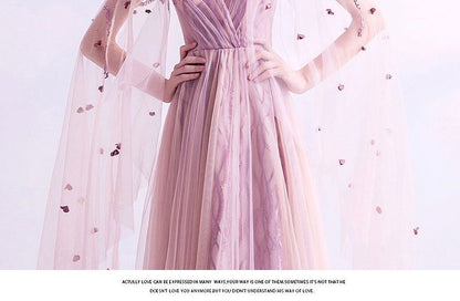 Gown Mesh Evening A-Line Cape-Sleeve