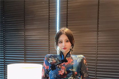 Long-Sleeve Floral Qipao