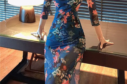Long-Sleeve Floral Qipao