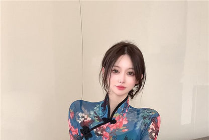 Long-Sleeve Floral Qipao