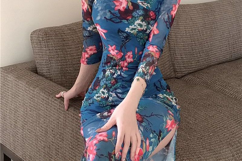 Long-Sleeve Floral Qipao