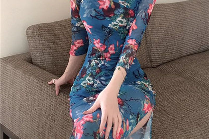 Long-Sleeve Floral Qipao