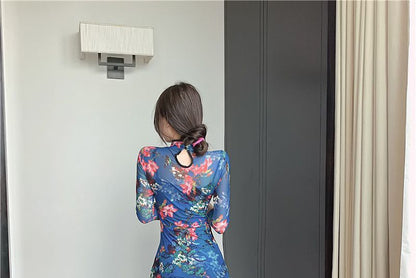 Long-Sleeve Floral Qipao
