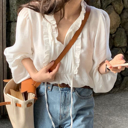 Panel Wood Ear Trim Puff-Sleeve Loose-Fit Shirt