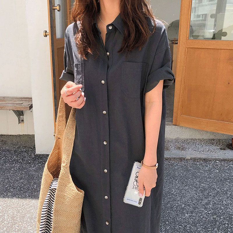 Plain Short-Sleeve Loose-Fit Shirtdress