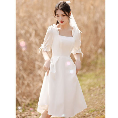 Bell-Sleeve Ruffled Midi A-Line Cocktail Dress