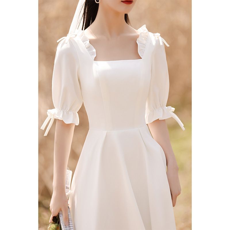 Bell-Sleeve Ruffled Midi A-Line Cocktail Dress