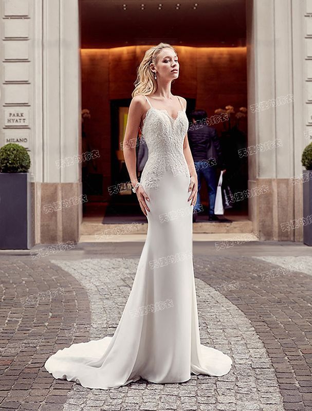 Trained Spaghetti Gown Evening Lace Sheath Strap