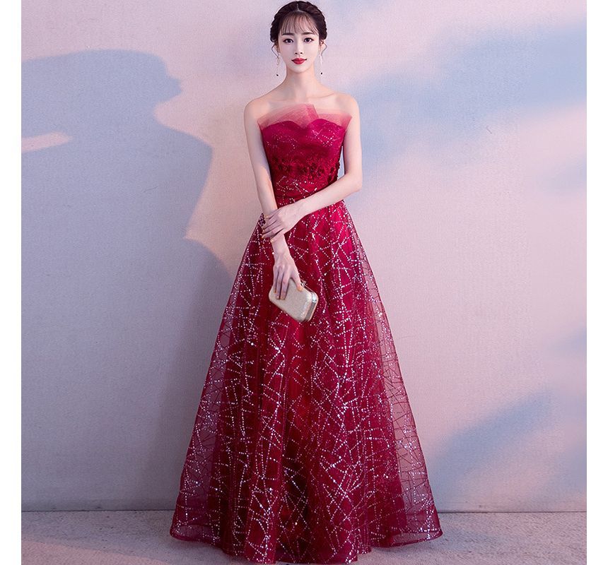 Mesh Glitter Gown Evening Maxi Strapless