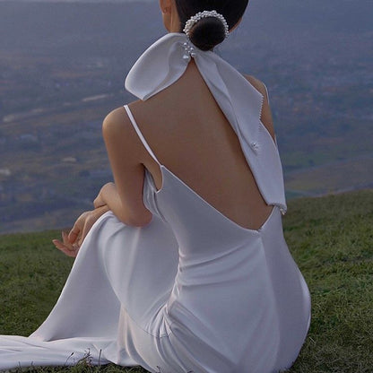 Strap A-Line Backless Wedding Spaghetti Gown