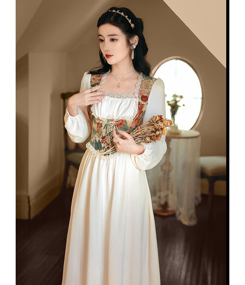 Mock Two-Piece Puff-Sleeve Floral Lace-Up Midi Dress (Various Designs)