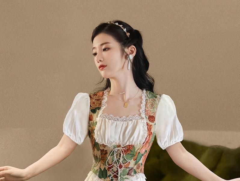 Mock Two-Piece Puff-Sleeve Floral Lace-Up Midi Dress (Various Designs)