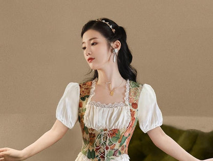 Mock Two-Piece Puff-Sleeve Floral Lace-Up Midi Dress (Various Designs)