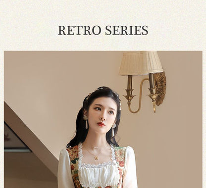 Mock Two-Piece Puff-Sleeve Floral Lace-Up Midi Dress (Various Designs)