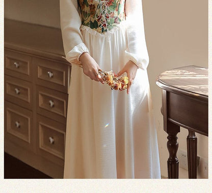 Mock Two-Piece Puff-Sleeve Floral Lace-Up Midi Dress (Various Designs)