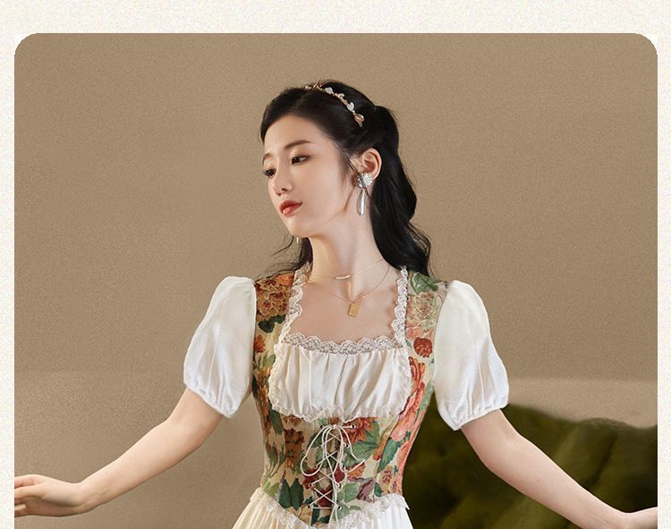 Mock Two-Piece Puff-Sleeve Floral Lace-Up Midi Dress (Various Designs)