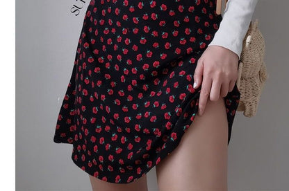 Sleeveless Rose Print Slim-Fit Mini Dress / Spaghetti Strap Floral Print Midi Dress