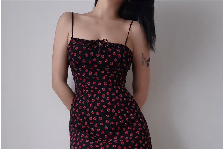 Sleeveless Rose Print Slim-Fit Mini Dress / Spaghetti Strap Floral Print Midi Dress