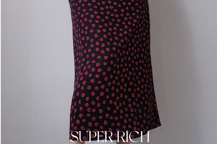 Sleeveless Rose Print Slim-Fit Mini Dress / Spaghetti Strap Floral Print Midi Dress
