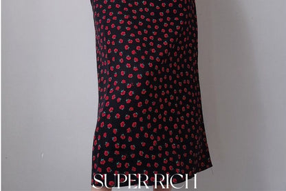 Sleeveless Rose Print Slim-Fit Mini Dress / Spaghetti Strap Floral Print Midi Dress