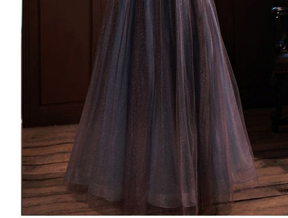 Short-Sleeve Glitter Mesh Evening Gown