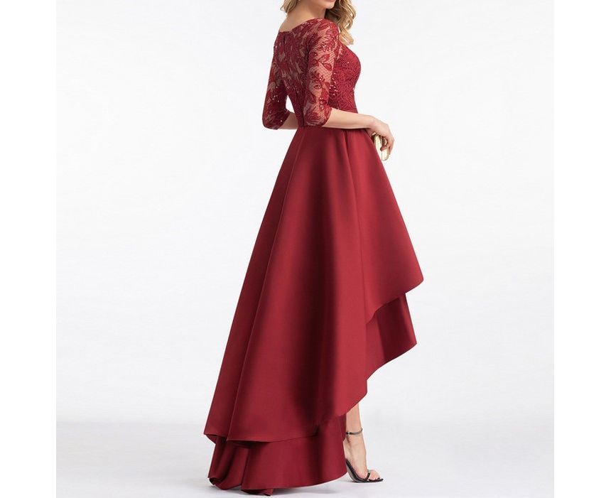 Evening Lace Panel A-Line Gown Asymmetrical Elbow-Sleeve