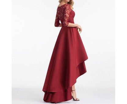 Evening Lace Panel A-Line Gown Asymmetrical Elbow-Sleeve