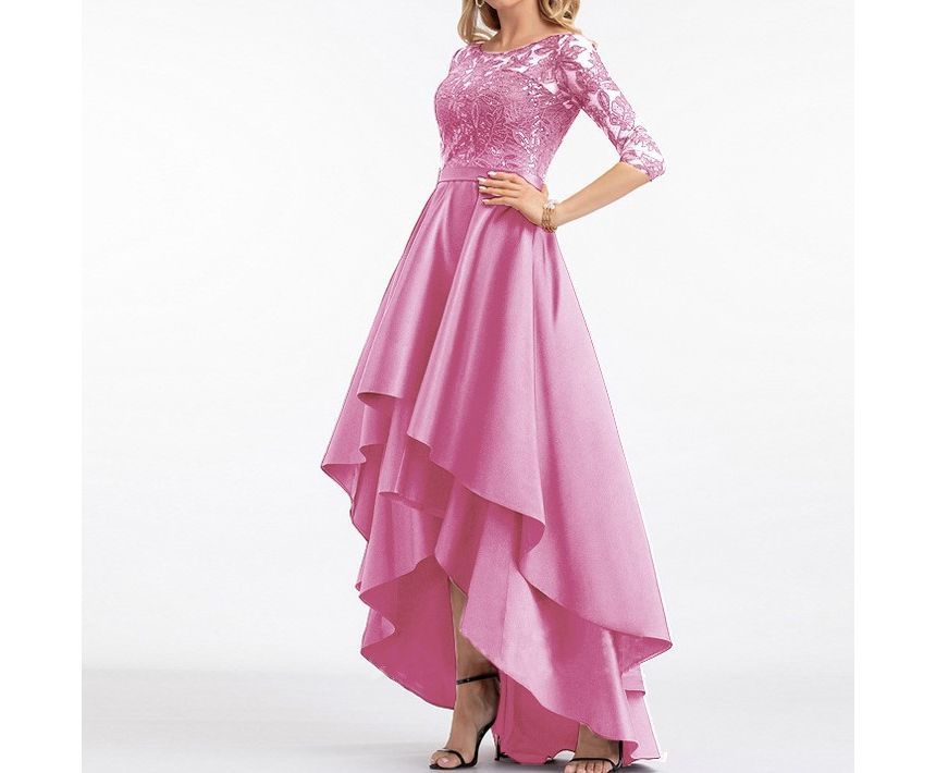 Evening Lace Panel A-Line Gown Asymmetrical Elbow-Sleeve