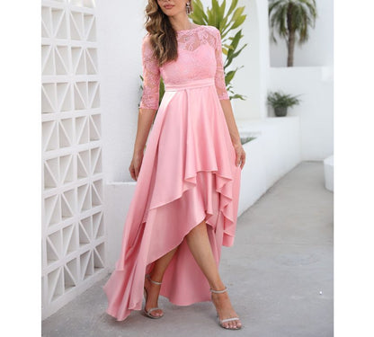 Evening Lace Panel A-Line Gown Asymmetrical Elbow-Sleeve