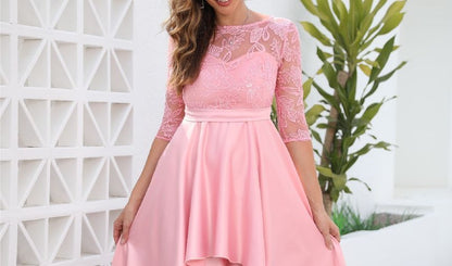 Evening Lace Panel A-Line Gown Asymmetrical Elbow-Sleeve
