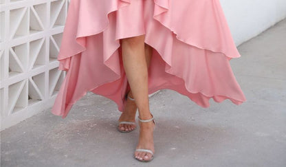 Evening Lace Panel A-Line Gown Asymmetrical Elbow-Sleeve