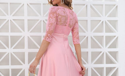 Evening Lace Panel A-Line Gown Asymmetrical Elbow-Sleeve